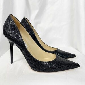 Jimmy Choo Abel Glitter Stiletto Pointed Toe Heels Black Sparkly Cocktail Party